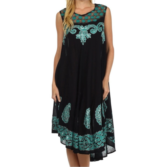 SAKKAS Zayna One Size Black Turquoise Pullover Sleeveless Boho Caftan Tank Dress - Picture 1 of 9